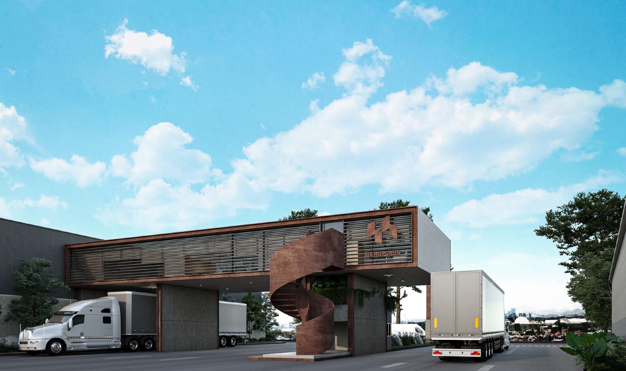 Business bridge building with spiral corten staircase