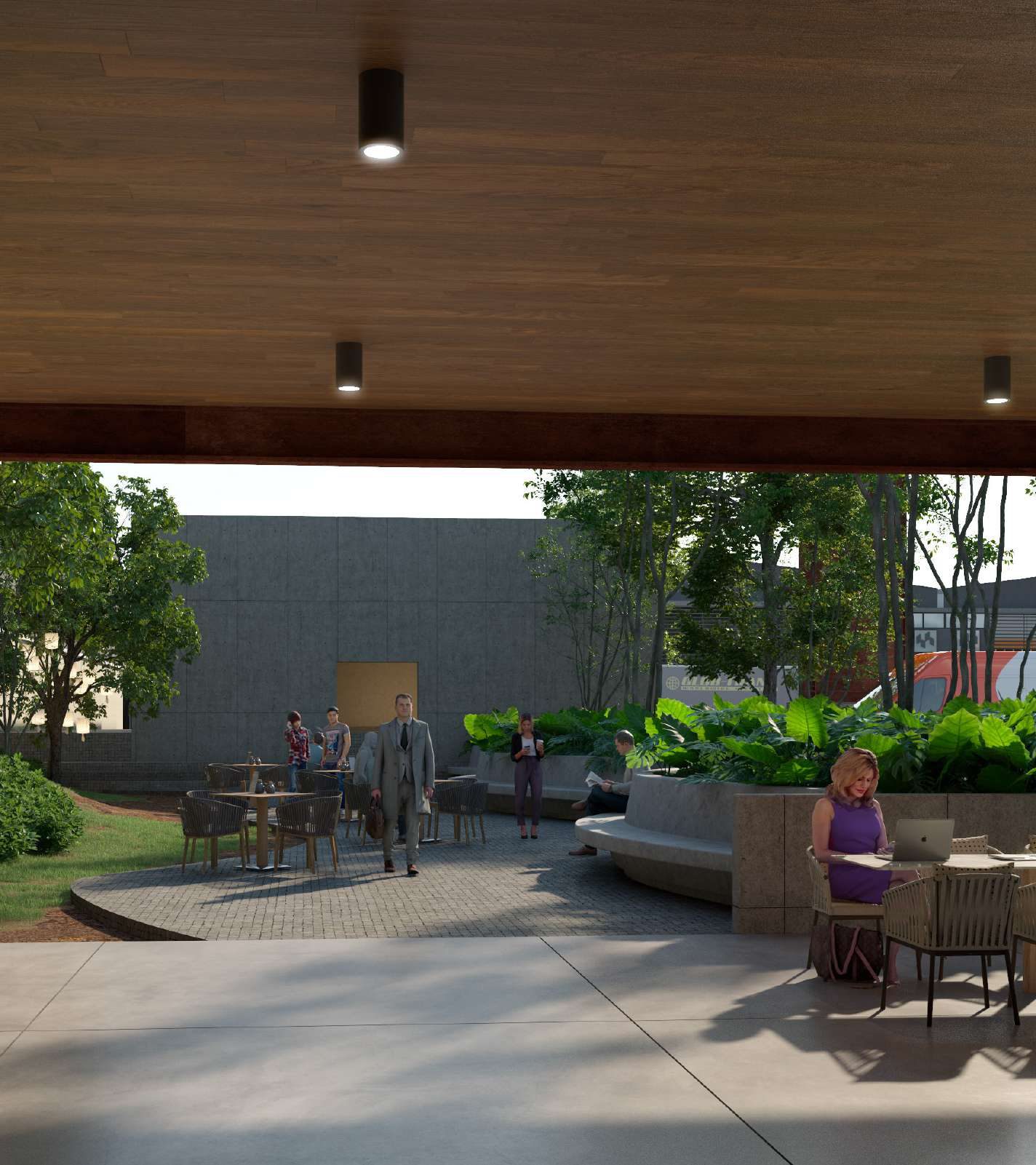 Business center terrace with people working outdoors