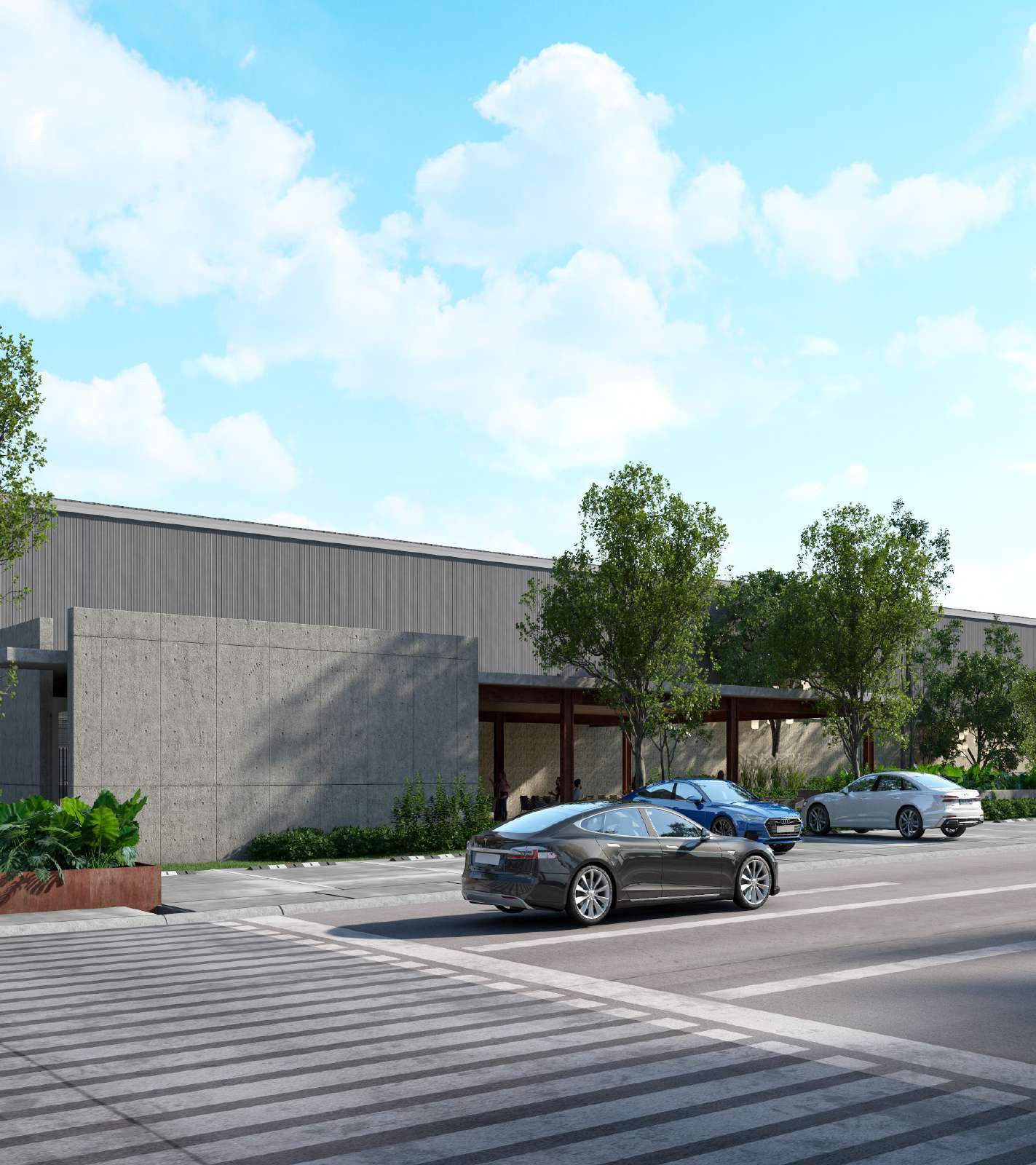 Park frontage with landscaping and parking