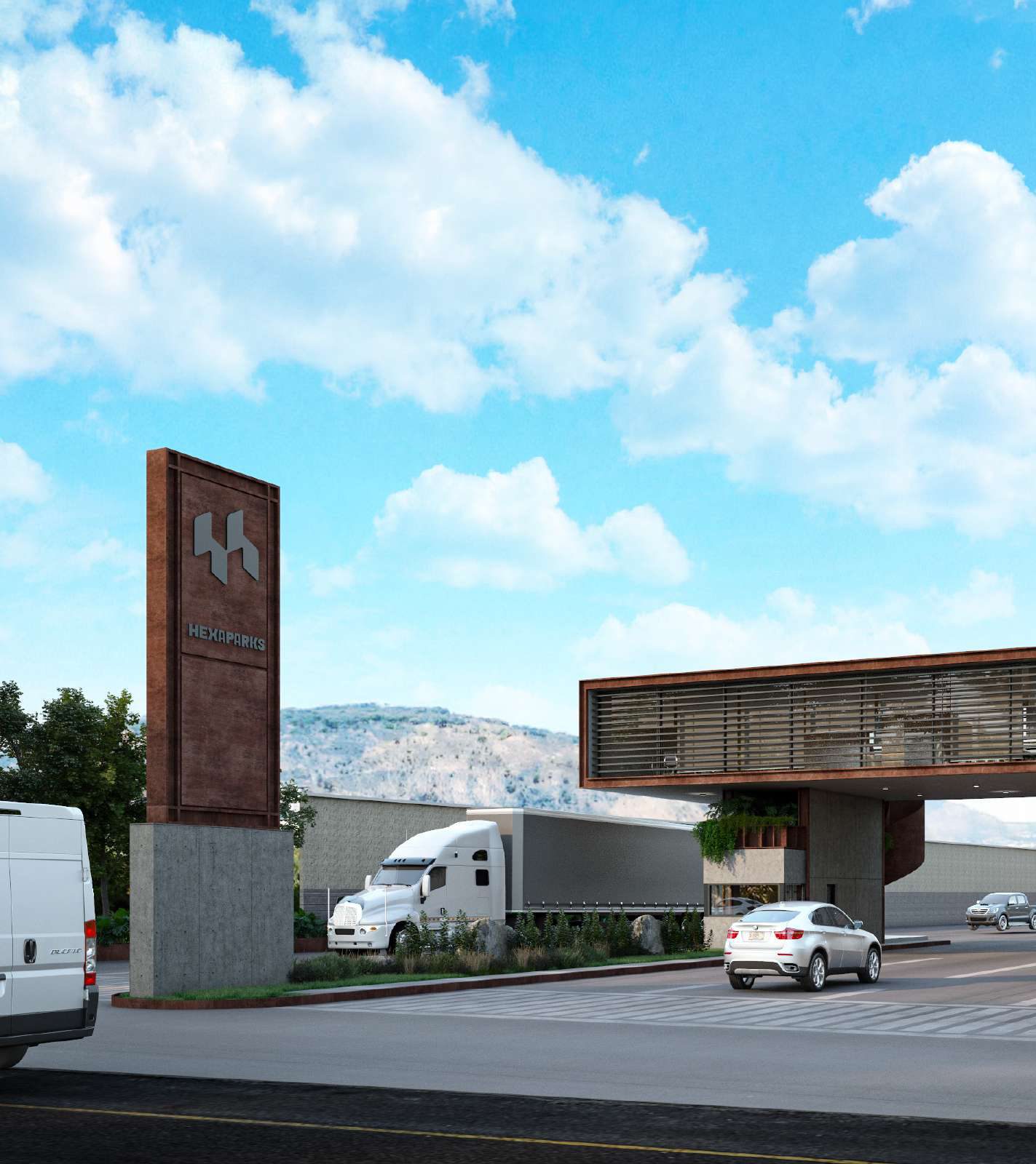 Hexaparks entrance with corten steel tower and business bridge