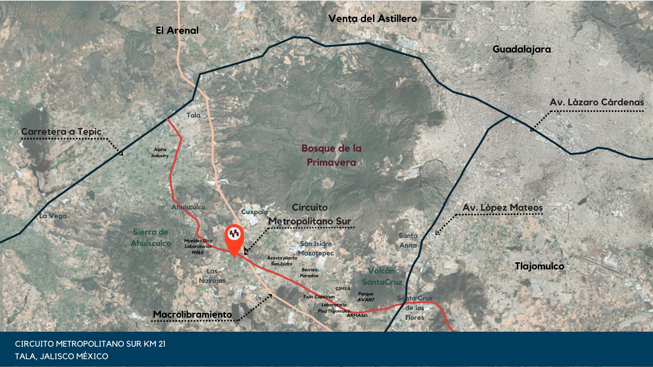 Aerial map showing Hexaparks on Circuito Metropolitano Sur, between Tala and Tlajomulco, west of Guadalajara