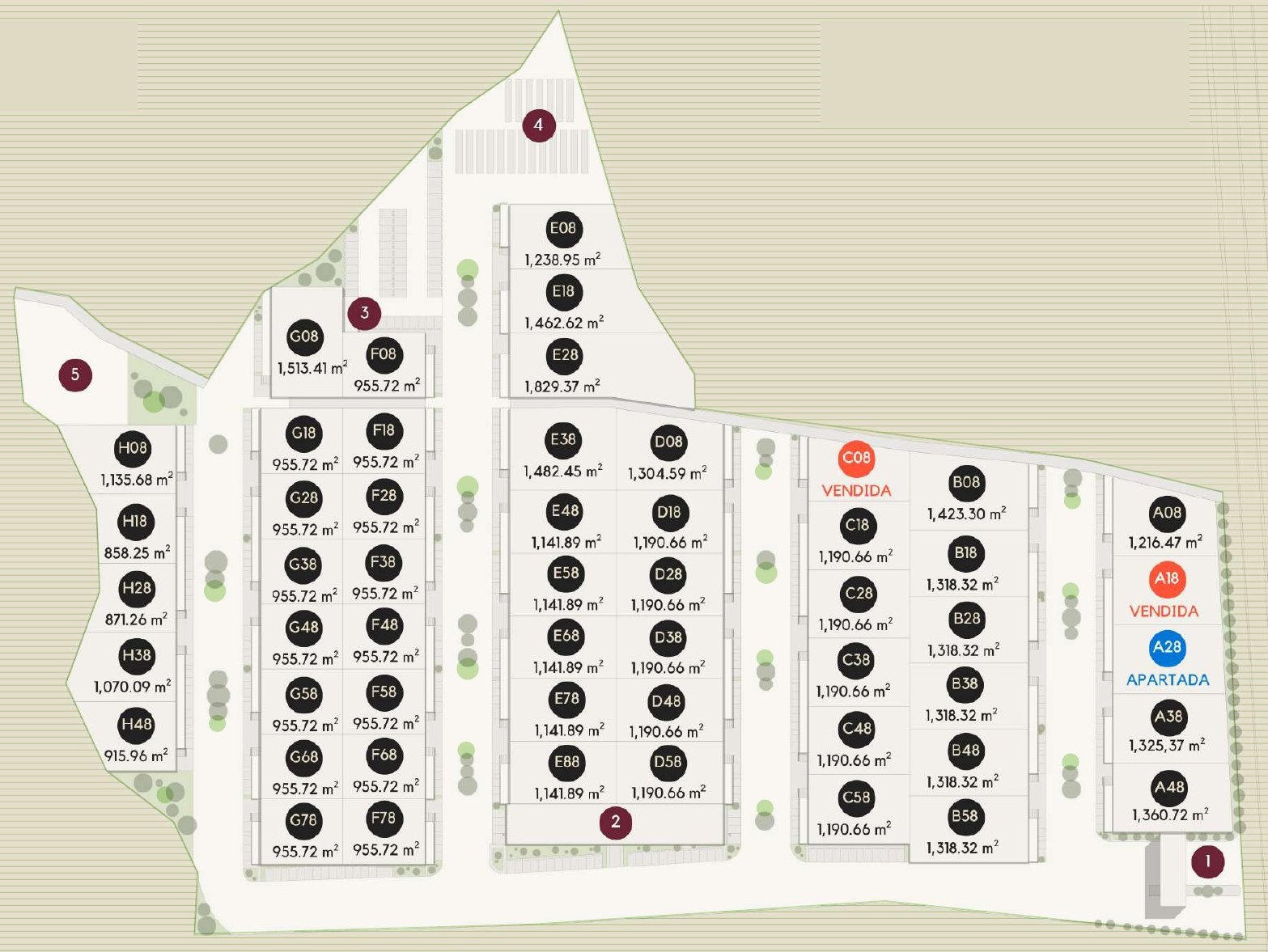 Hexaparks master plan with 53 warehouse lots in blocks A to H