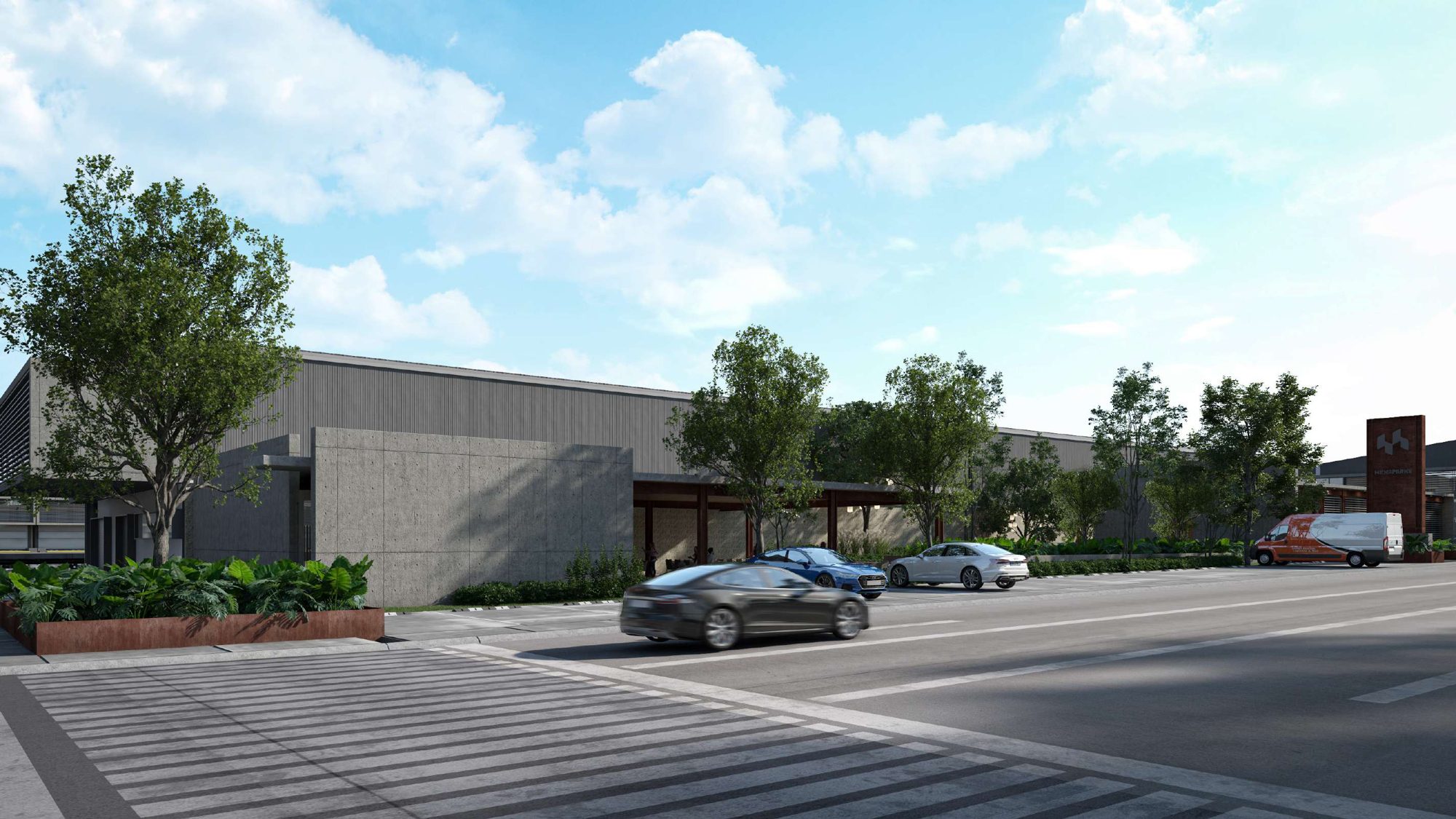 Street view of the park with warehouses and trees