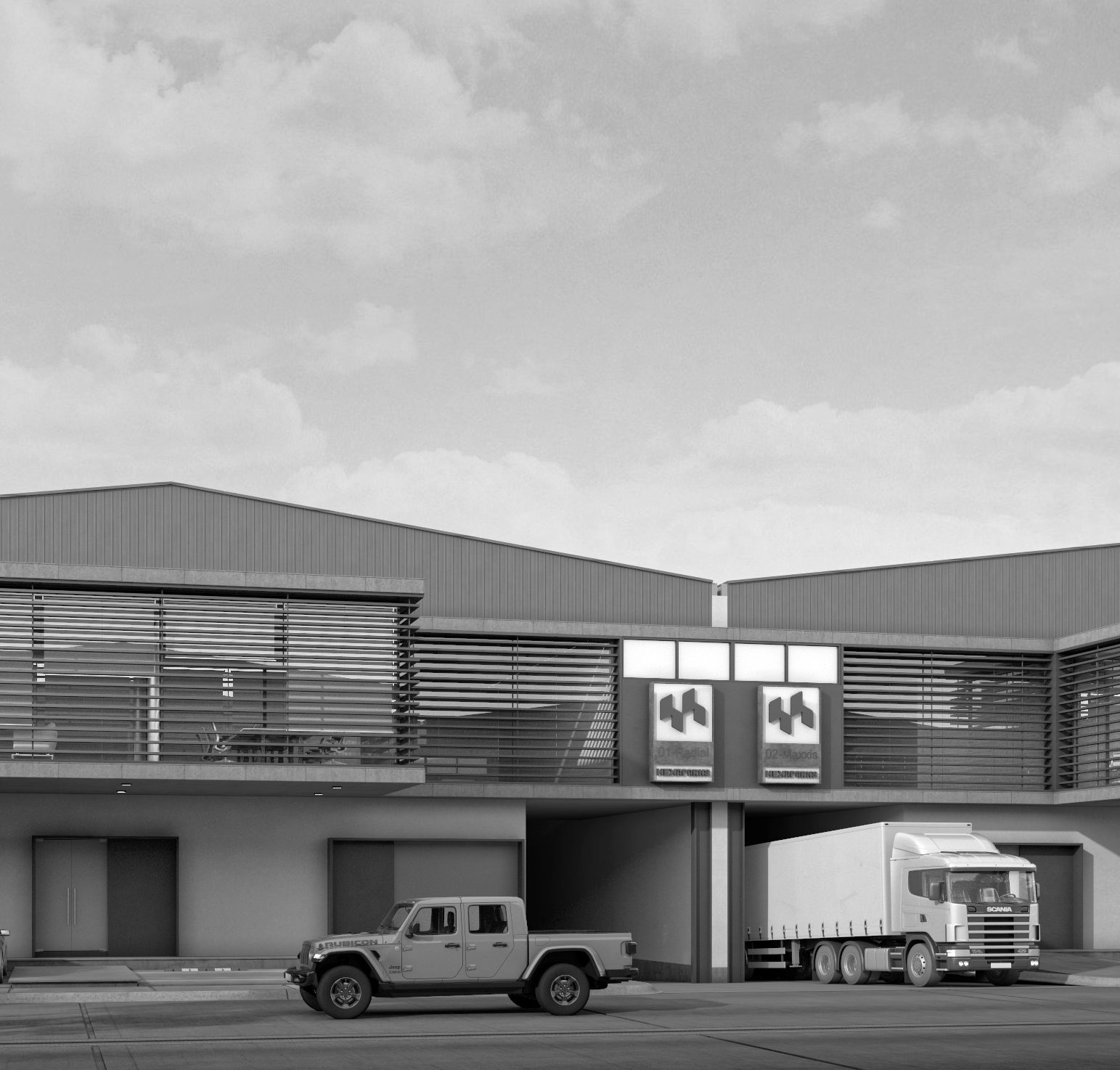 Hexaparks warehouse with branded signage and a truck at the dock, in black and white