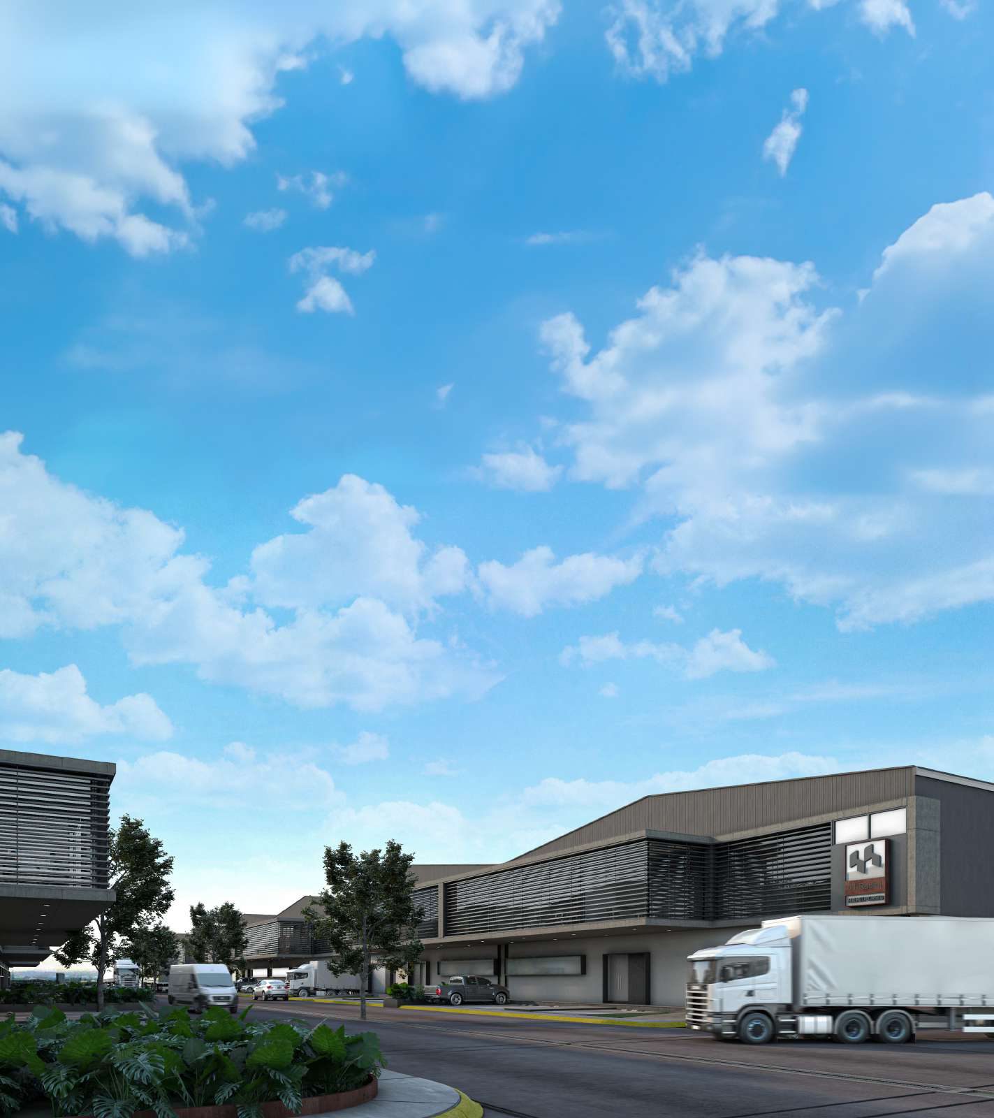 Warehouses along the park's internal road with trucks